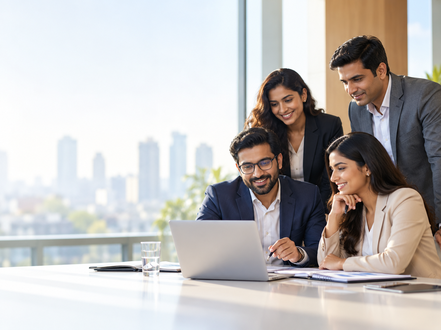 Indian colleagues working together around a laptop in an office