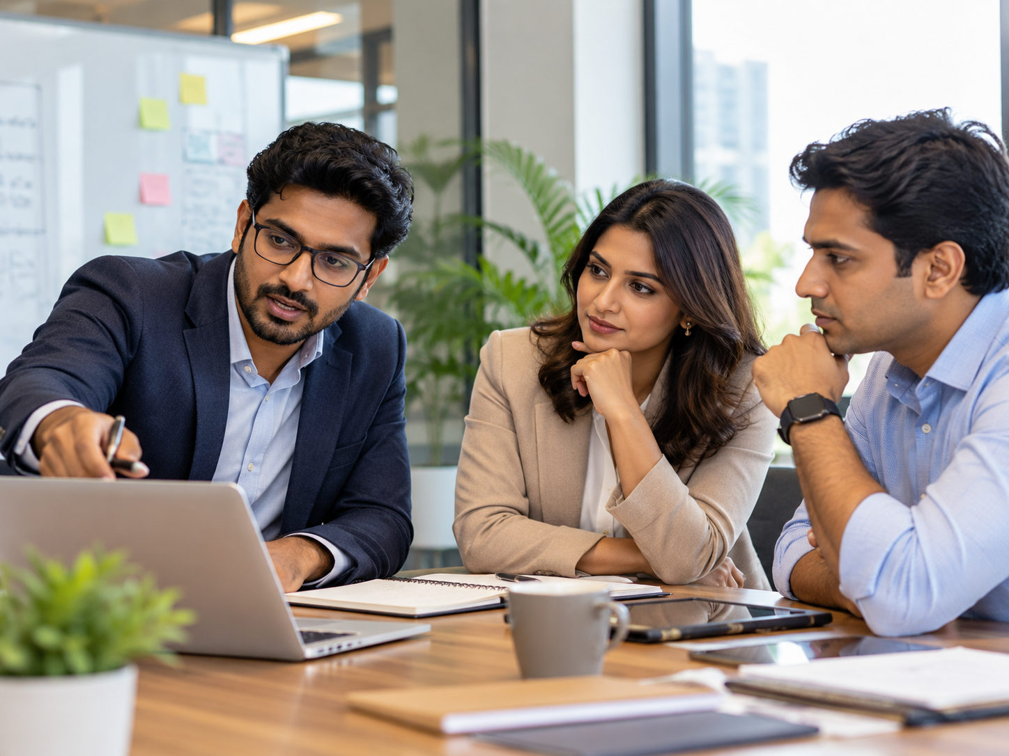 Indian small-business team discussing work around a laptop